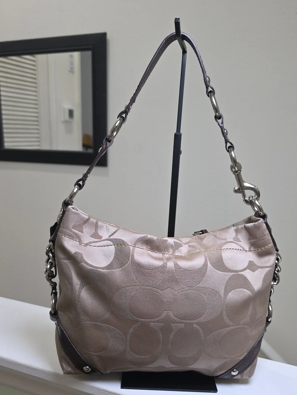 COACH F15250 Signature Khaki Fabric/Brown Leather Trim Carly Hobo GUC